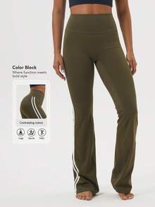 Sodalemon Quần legging nữ phong cách đường phố Blockcore thể thao, phối sọc bên hông, dệt họa tiết, ống loe, thích hợp cho yoga. - Màu xanh lá cây đậm - Xem 3