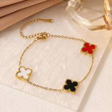 1件时尚不锈钢四叶草和仿珍珠母贝手链，高端花卉首饰，送给女朋友的礼物 - 金色 - 查看 2