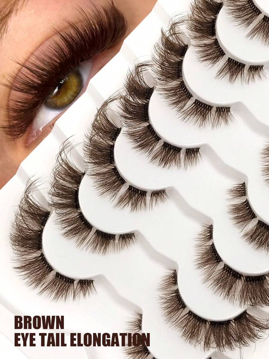 Asiteo 7 pares de pestañas postizas de ojos de gato de color marrón oscuro, con tallo transparente, cómodas y suaves, reutilizables, adecuadas para maquillaje diario - Pestañas Ojos de Gato - Ver 1