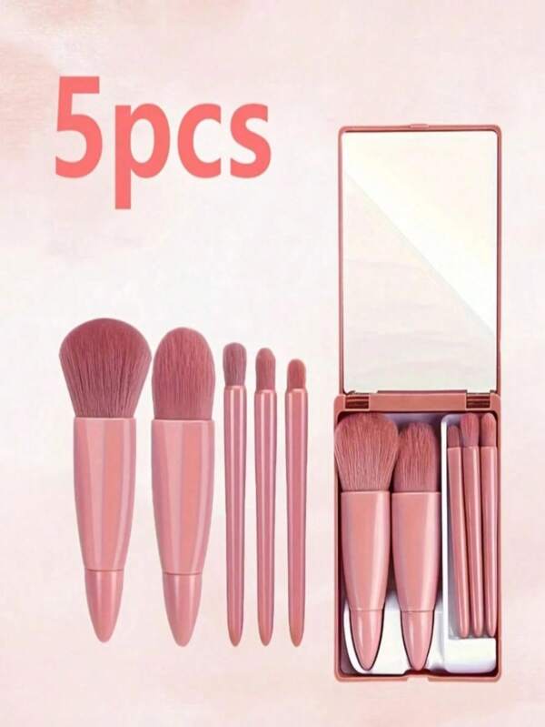 Ensemble de 5 mini pinceaux de maquillage de voyage, avec miroir, kit de maquillage portable, poils en nylon, convient pour poudre, blush, fond de teint, ombre à paupières, rouge à lèvres, convient à tous les types de peau, sans épices