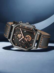 1 peça Relógio de Homem com Pulseira de Couro PU Preto, Fashionable Business Classic Mostrador Retangular Digital de Escala Quartzo, Adequado para Combinação de Roupa Diária, Presente de Férias Perfeito