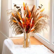 57pcs Boho Chic Artificial Pampas Grass Bouquet - Vibrant Spring Decor For Vases, Weddings, & Home - Includes Dried Flowers In White, Yellow, Orange & Brown - Perfect For Garden, Thanksgiving, Christmas, Easter, & More - No Battery Required, Flower Decorations