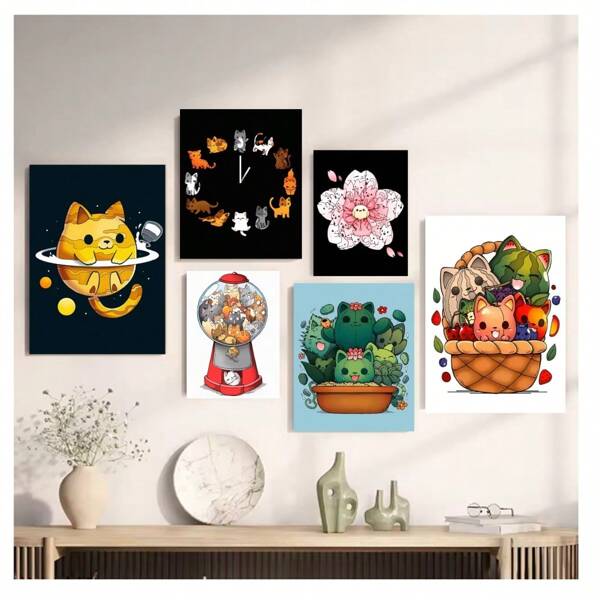 1pc Frameless Cartoon Abstract Cute Funny Cat Tree Flower Basket Clock Posters Vintage Painting Canvas Printing Wall Arts Modern Living Room Bedroom Dormitory Study Coffee Shop Room Wall Decoration Home Decoration Gifts ,Wall Art With Frame