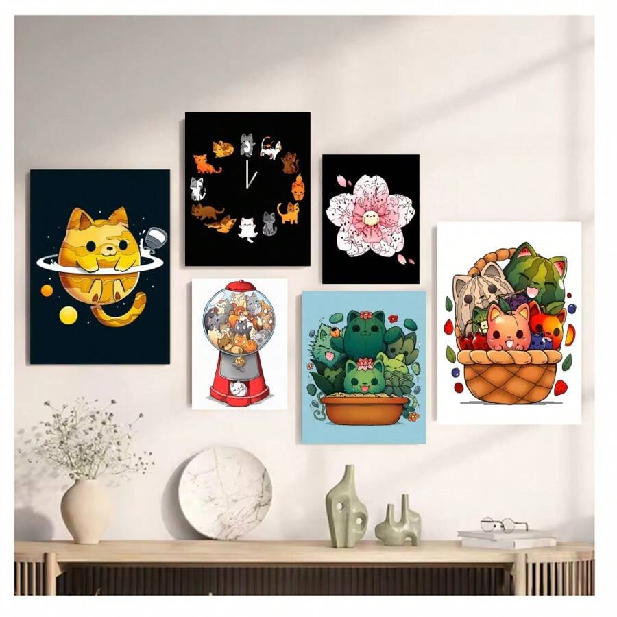 1pc Frameless Cartoon Abstract Cute Funny Cat Tree Flower Basket Clock Posters Vintage Painting Canvas Printing Wall Arts Modern Living Room Bedroom Dormitory Study Coffee Shop Room Wall Decoration Home Decoration Gifts ,Wall Art With Frame