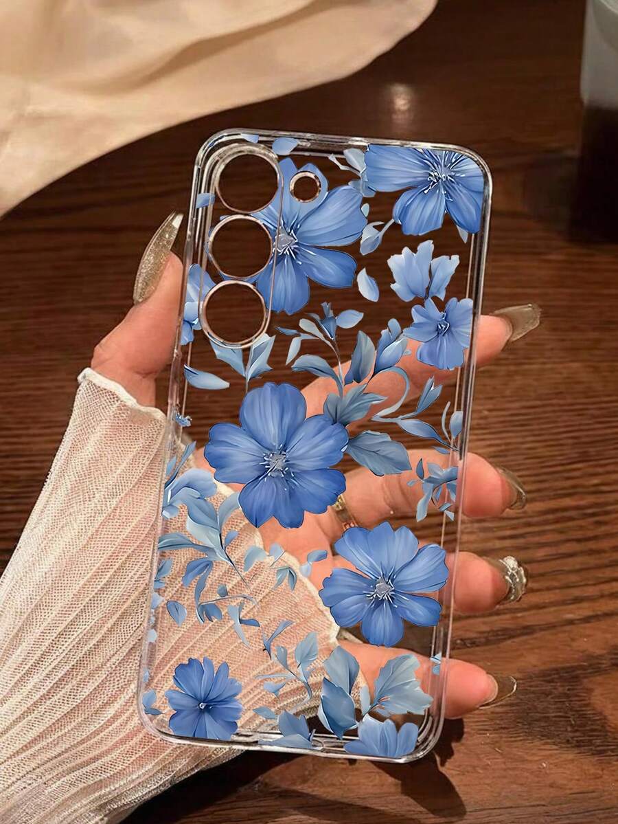 1 chiếc ốp lưng điện thoại mềm mại, thiết kế hoa màu xanh thời trang, tương thích với iPhone, Honor, Redmi, Galaxy A04e/12/A13/A14/A34/A50/A52/A53/A54/S21/S22/S23/S24/S25/S25Ultra, 6A/7A/8A, 12T/13T. Chống nước, chống sốc, chống rơi, chống trầy xước. Phiên bản quốc tế, không phải phiên bản nội địa. - Trong sáng - Xem 1