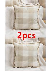 1/2 件奶油色和白色格子编织抱枕套，现代简约亚麻外观滚边靠垫套，适用于卧室、客厅、沙发、花园、派对、季节性使用，30*50 厘米、45*45 厘米、50*50 厘米（无填充物） - 米色 - 查看 8