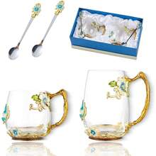 Tea Cup Glass Coffee Mugs,Fancy Tea Cup Set Birthday Christmas Valentine's Day Gift Idea For Tea Lover And Women Novelty Coffee Mugs Rose Flower Enamel Tea Cup Glass Mug With Spoon Set - 藍色和天藍色 - 查看 1
