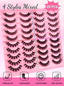 20 pares de 4 estilos de pestañas postizas rusas de tira mixtas, con rizo D, efecto natural, de 16 mm, tipo mink rizado, con aspecto de extensión de pestañas, mirada de ojo de gato alargada y esponjosa - Negro - Ver 2