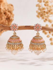 1 Pair Colorful Bohemian Style Crystal Flower Earrings With Tassel & Bell Decor, Faux Pearl Drop Earrings, Charming Earrings Suitable For Women's Daily Wear, Festivals, Weddings And Parties - Multicolor - View 10