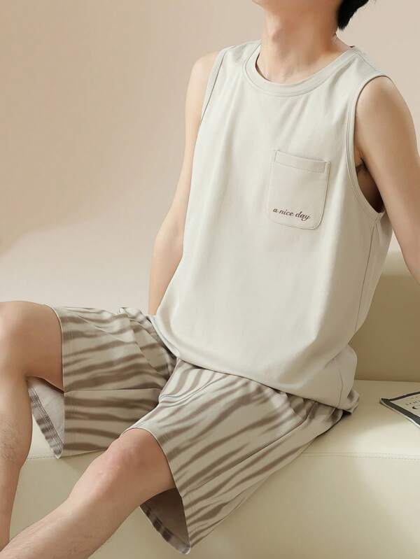 AICJ 2pcs Men Solid Color Casual Loose Minimalist Letter Print Tank Top & Shorts Pajama Set For Spring & Summer ,Vacation