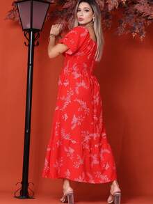 WOMEN'S LONG MIDI DRESS WITH PUFFED SLEEVES, RUFFLED, OFF-THE-SHOULDER, TRES MARIAS FLORAL - Rojo - Ver 2