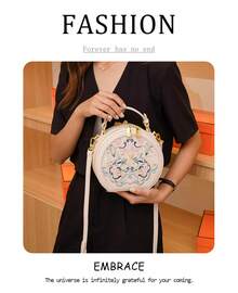 Delicate Embroidery Graphic Round Shoulder Bag Fashion Literary Commuter Party Handbag - White - View 4