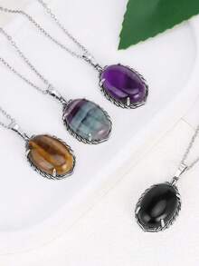 1 件 CSJA 椭圆形吊坠项链天然石疗愈紫水晶玫瑰石英白水晶蛋形珠不锈钢链项链 H627 - Necklace - 查看 2