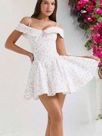 Casual Soft Sweet Mini Ditsy Floral All Over Print Bohemian Party Ruffle/Frill Hem Pleated Zippered Women Dress, Spring/Summer/Autumn