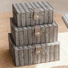 Vencier Set Of 3 Resin Woven Storage Basket Box With Lid & Lock, Black, Large, Medium, Small - Grey - View 10