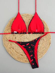 Bộ bikini buộc dây in họa tiết nhiều màu sắc mới với kiểu dáng Brazil, quần lọt khe gợi cảm, thích hợp cho kỳ nghỉ biển. - Đỏ - Xem 3