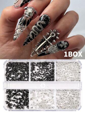1 ask svarta och silverfärgade spikiga nagelkonstberlocker - spetsiga koniska nagelsmycken för gör-det-själv gotiska/edgy nageltillbehör