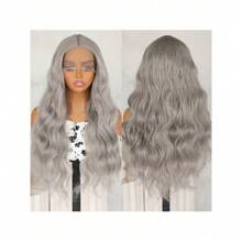 Parrucca sostitutiva 13x4 in pizzo svizzero trasparente, 26 pollici, resistente al calore, fibra morbida, riga centrale, stile lungo e ondulato, colore grigio, parrucca sintetica frontale in pizzo per donne e ragazze per uso quotidiano e feste