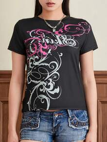 Womens Y2K Graphic T-Shirts Summer Short Sleeve Punk Gothic Tee Tops Vintage 90s Aesthetic Clothes Streetwear - Black - View 1