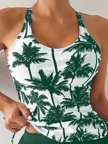 Swimwear Set,Women Tankini Swimsuit,Tropical Palm Tree Print,Women Beach Bikini Swimsuit For Spring Vacation,2 Piece Top And Shorts Set,Women Fashion Tankini - 綠色 - 查看 4