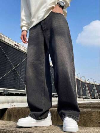 Men Straight Leg Cotton Washed Jeans With Angled Pockets, Versatile Wide-Leg Washed Jeans, Couples Matching Straight & Loose Fit, Grunge