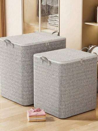 A Foldable Storage Box With A Handle, Suitable For Organizing Cosmetics. It Features A Large Capacity Made Of Non-Woven Fabric And Polyester, Designed With A Stylish Gray Striped Pattern, Perfect For Closet Organization.