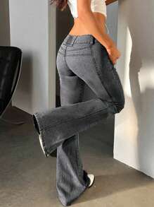 Fall Women's Elegant Denim Zipper Pocket Button Flared Jeans For Back To School