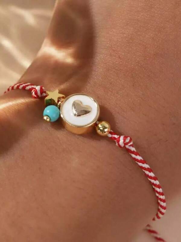 1pc Bohemian Style Elegant Minimalist Red & White Heart Pattern Adjustable Bracelet, Suitable For Women's Daily Wear