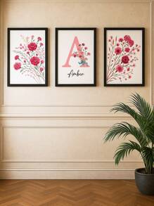 3 pezzi di arte murale personalizzata con nome senza cornice, cartellone su tela con fiori selvatici personalizzati, decorazione da parete rossa, decorazione per la camera dei bambini, decorazione da parete per la camera delle ragazze, cartellone per decorazione dell'asilo, senza cornice, regalo di compleanno perfetto, arte per la nursery, decorazione back to school