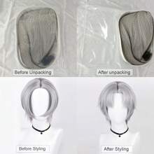 灰色合成短直发假发中分动漫游戏角色扮演男女蓬松假发适合日常派对 - 灰色 - 查看 8