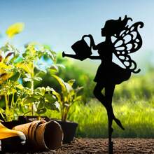 1 Stück Metall Kunst Fairy Silhouette Deko Statue, Gartenstecker Dekoration, Wanddekoration, geeignet für Außengarten, Terrasse, Park, Rasen, Pflanzkübel