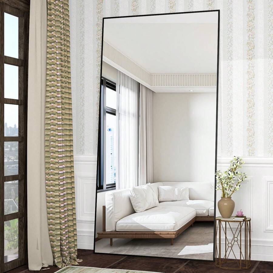 CASSILANDO 180x80cm Standing Mirror, Black Floor Large Mirror, Standing Mirror, Against Wall For Bedroom, Panel And Wall-Mounted Thin Frame Mirror - 黑色 - 查看 1