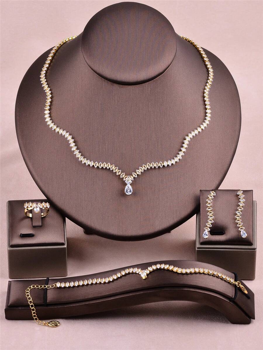 CORUIXI 1 套女士时尚方晶锆石波浪金项链套装，泪珠形和马蹄形首饰套装，适合婚礼、派对、礼物