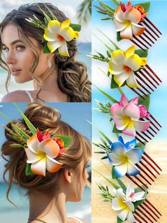 Artificial Floral Hawaiian Foam Hair Clip, Boho Orchid Hair Comb Suitable For Bride, Wedding, Hawaiian Beach, Tropical Party Decoration Combs For Hair Side Comb, School Stuff, College, Hair Accessories