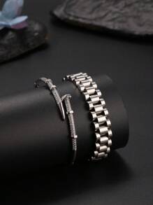 2pcs Fashionable Stainless Steel Rhinestone Punk Hip-Hop Bracelet Set For Men, Waterproof & Fade-Resistant, Suitable For Daily Wear