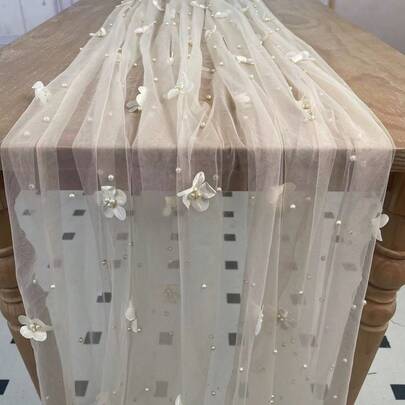 1pc Pearl Mesh Table Runner, Decorated With Flowers And Pearl Accents - Square, Suitable For Weddings, Party Decor, Valentine's Day, Outdoor Events, Durable Polyester Material, Romantic Style, Delicate Details, Home Decor