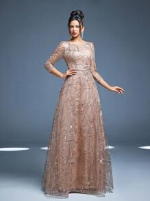 Mgiacy New Arrival Round Neck Evening Gown Dress Sequin Contrast Lace Belt Mgiacy-Classy A-Line Dress