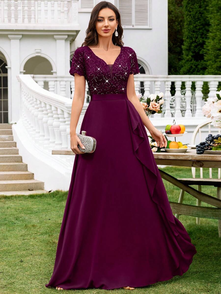 MIUSOL Deep V-Neck Contrast Sequin Lace Ruffle Trim Chiffon Formal Party Maxi Dress,Formal Evening Gown