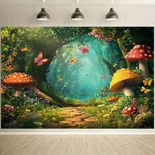 1 pieza, Fondo de bosque encantado con mariposas vibrantes, setas coloridas y frondosa vegetación - Escenario de fotografía de cuento de hadas para fiestas, eventos y cumpleaños, material de poliéster, perfecto para sesiones de fotos y decoración, fondo para eventos | Ambiente ensoñador | Diseño vibrante, Decoración de bosque - Multicolor - Ver 3