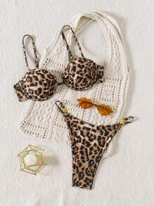 Summer Leopard Print Sexy Boho Tie-Front Halter Split Bikini Swimsuit 2-Piece Set, For Beach Vacation - Multicolor - View 5