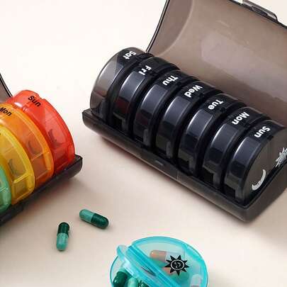 7-Day Portable Round Pill Case (7 Independent Pill Boxes + 1 Storage Box), Multi-Color Travel Pill Box With Compartments, Convenient For Organizing Morning And Evening Medications, 14 Black Pill Organizer Boxes With Plastic Dividers