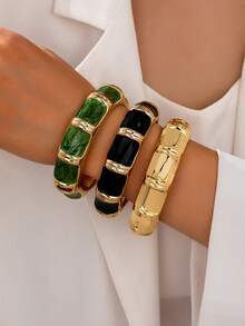 1 Set Minimalist Chic European Style Metallic Smooth & Hammered Texture Zinc Alloy Bangle Bracelet, Suitable For Women's Daily Wear - Yellow Gold - View 11