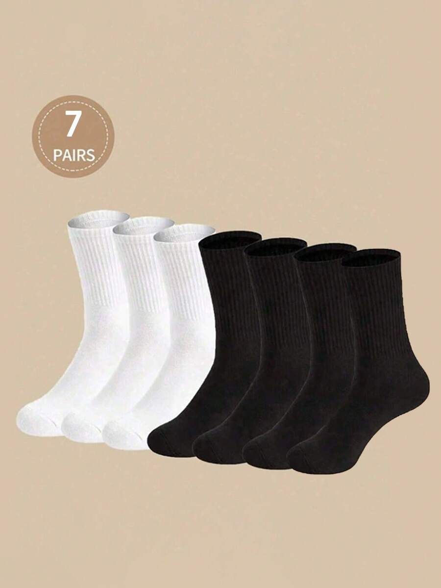 7 Pairs Ladies' Solid Color Comfortable Breathable Mid-Calf Socks, Versatile - White - View 1
