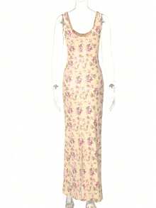 A Summer Bandage Dress,Sexy Low-Cut U-Neck, Floral Print,Fishtail Hem,Romantic Vacation,Party Dress TopS - Apricot - View 8