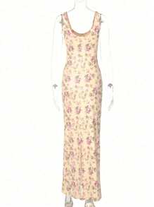 A Summer Bandage Dress,Sexy Low-Cut U-Neck, Floral Print,Fishtail Hem,Romantic Vacation,Party Dress TopS