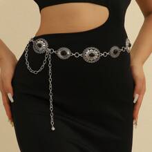 Vintage Chic Handmade Iron Adjustable Silver Color Waist Chain For Women, Tropical Floral Print Zinc Alloy Flower Women Waist Chain, Suitable For Wedding, Spring/ Summer/Autumn/Winter Summer