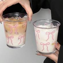 1/2pcs Ribbon Glass Cup, Pink Bowknot Iced Coffee Cup, 11oz Elegant & Cute Drinking Cup, Suitable For Women, Girlish And Sister Gathering