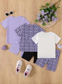 Set de 3 conjuntos de niñas con top de manga corta de cuello redondo y shorts, uno con estampado de gato de dibujos animados y otro con estampado de leopardo liso