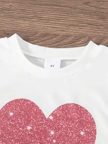 Set de 2 piezas de ropa casual de verano para niñas, que incluye una camiseta de manga corta con estampado de corazones y pantalones de longitud completa, con ajuste regular - Rosa Oxidada - Ver 3