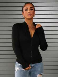 SAYEHFBABY Chaqueta casual sencilla con manga larga y cremallera delantera de unicolor para mujer - Negro - Ver 1